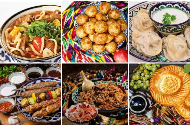 Traditional Uzbek cuisine dishes: plov, samsa, salads and bread baked in a tandoor oven